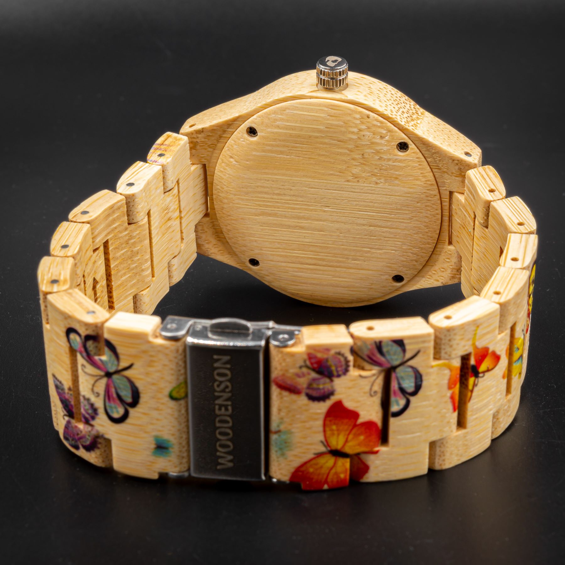 Reloj de madera de bambú con correa de tela modelo Yellowstone